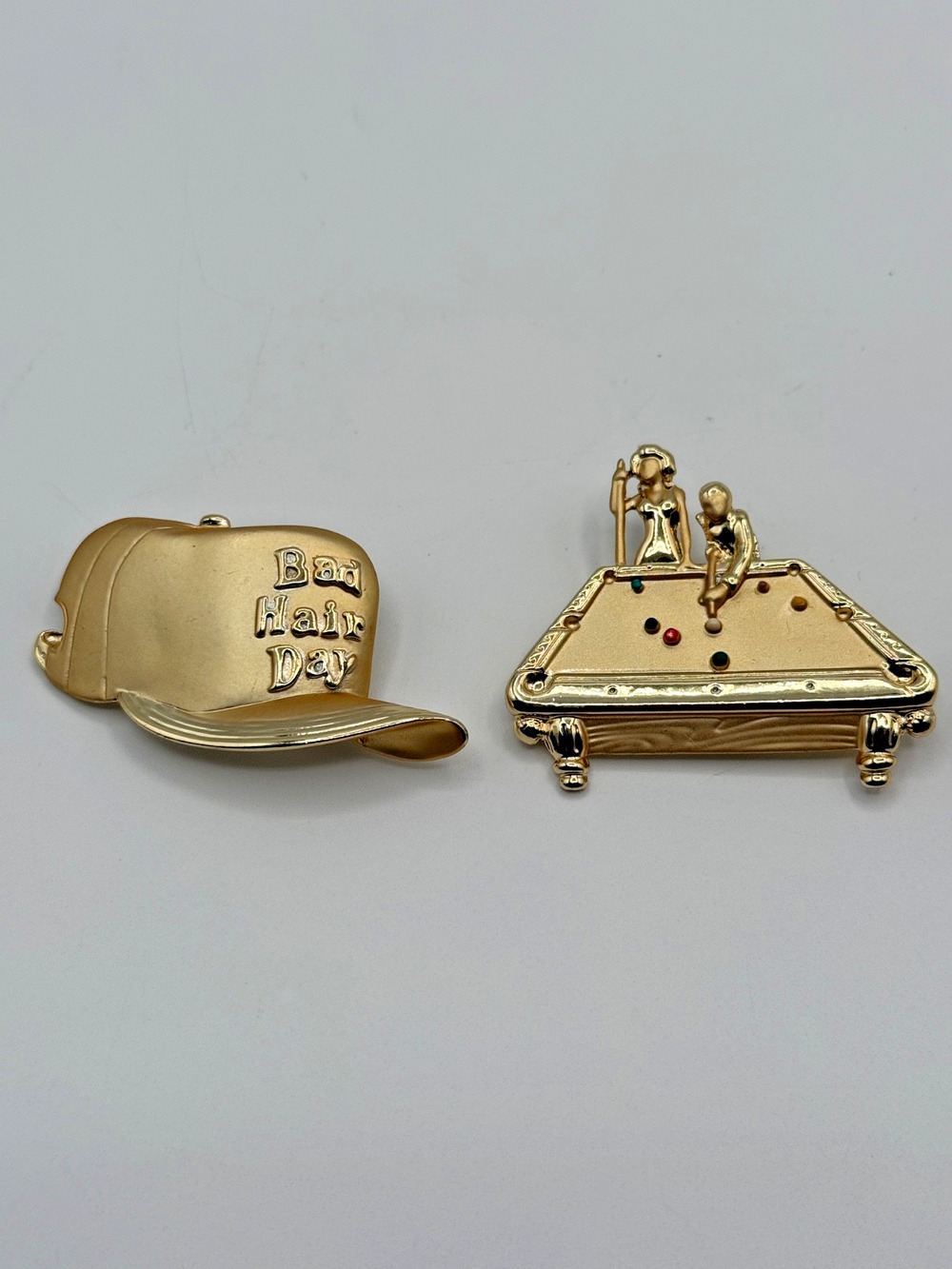 Vintage 1980s AJC Brooch Pin Lot Bad Hair Day Hat Pool Table Billiards Gold
